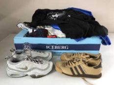 Three boxes of vintage clothing, Berghaus boots,