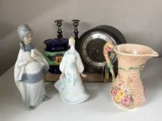 A tray of Smiths mantel clock, candlesticks,