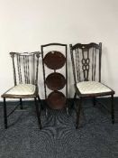 A mahogany folding cake stand and two Victorian bedroom chairs