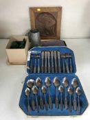 Two boxes of Viners cutlery and a box of chess pieces,