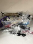 Six boxes of sun glasses, gents shoes, box of wigs,