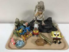 A tray of vintage and later toys - tin plate Panda street vendor, tin plate bunny and robot,