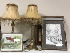 A pair of contemporary table lamps, wooden model of a boat,