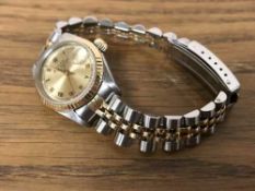 Lady's Rolex Oyster Perpetual Bi-Metallic Date wristwatch with sapphire crystal.