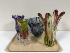 Four coloured glass vases