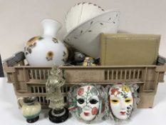 Two boxes of china, table lamps, lidded vases,