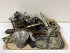 A tray of plated and pewter pieces, small brass handled sword, miniature cannon,
