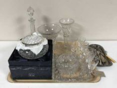 A tray of lead crystal decanters, Stuart crystal bowl,
