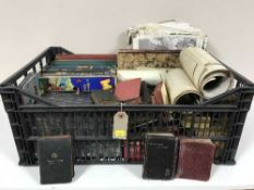 A basket of vintage tins, monochrome photographs - Navy regiments, war papers,