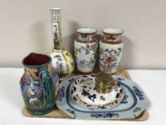 A tray of copper and brass oriental lidded pot, pair of Japanese Kutani porcelain vases,