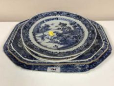 A group of three 19th century Chinese export blue and white meat plates,
