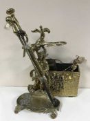 A metal companion stand and set, brass coal box, toasting fork,