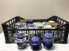 Two boxes of Ringtons china, tins, brass ware, Coalport figure, 1887 etched glass jug,