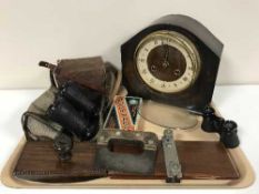 A tray of walnut Betina mantel clock, Brownie camera, Rolls razor,