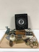 A Dartington crystal clock, Ronson table lighter, paperweights,