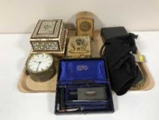 A tray of medical equipment, vintage tin money box, cigarette box,