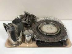 A tray of assorted plated ware, tankard,