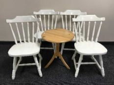 A pine occasional table and four painted pine kitchen chairs