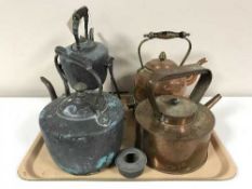 Four antique copper kettles