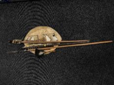 A collection tribal items : zulu type hide shield, spear, spear heads,