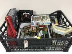 A box of alcohol miniatures, cork screws, wine warmers,