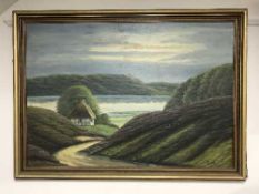 20th century school, a cottage by a lake, oil on board, initialled.