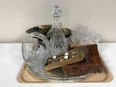 Tray of kitchen scales and weights, thimbles, plated gallery tray,