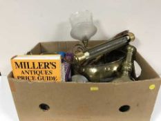 A box of antique guides, brass planter, flat iron, gilt lamp and shade,