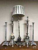 Three table lamps (one shade) and a pair of chrome candlesticks