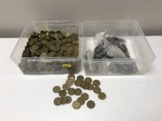 Two boxes of early to mid 20th century six pence, Florins,