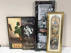 Two boxes of prints, wooden plaques,