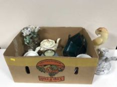 A framed tapestry and two boxes of pottery and glass ware