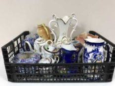 Three baskets of china and glass ware - blue and white tea service, Ringtons,