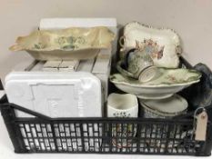 A basket of assorted china - plates, Adams bowl, beer stein,