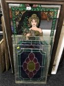 A framed oil, picture mirror, four leaded glass panels,