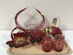 A tray of six pieces of continental ruby and cranberry glass