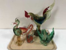 A tray of five pieces of coloured glass birds inc.