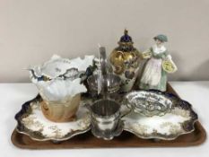 An Elkington EPNS desert serving stand with two Doulton blue and gilt desert plates,