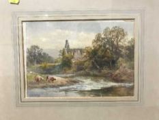 J. S. Gresley : Cattle watering with ruins beyond, watercolour, 19cm by 28cm signed.