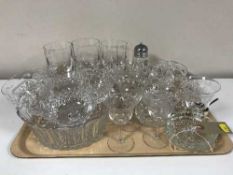 A tray of assorted etched glasses, Stewart crystal dishes,