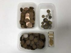 Three boxes of pre-decimal copper coins and a Freemasons medal