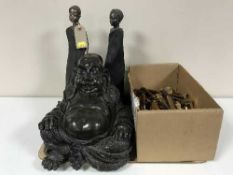 A tray of large resin figure of a Buddha, two Maasai figures,