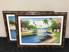 Seven framed prints depicting Asian and Coastal scene and a print of a tiger