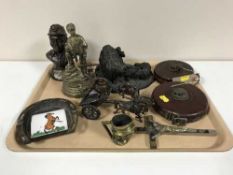 Two vintage leather tape measures, brass character jug, miner figure,