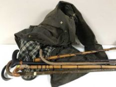 A bundle of six walking sticks and a gent's Barbour Solway Zipper waxed jacket (size 42 inch)