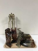 A tray of Eastern hardwood carvings, pestle and mortar, trinket box,