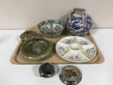 A tray of Poole vase and serving plate, Canton famille rose bowl (a/f), cloisonne bowl,