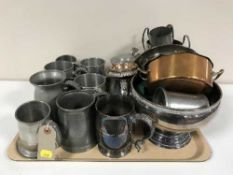 A tray of pewter pieces and plated trophies relating to Durham Rowing Club, plated rose bowl ,