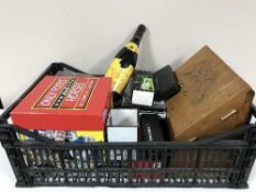 A basket of DVD box set etc, antique pine writing box, electricals,