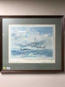 A mahogany framed print of H.M.S.
